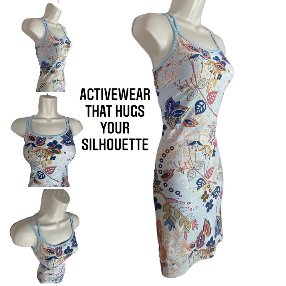Aventura BLUE Floral Fit Flare Stretch Double Strap Athleisure Tank Dress Wmn Sm - Picture 3 of 16